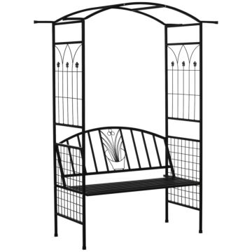 Outsunny Garden Metal Arch Arbour With Bench Love Seat Chair Outdoor Patio Rose Trellis Pergola Climbing Plant Archway Tubular - 154l X 60w X 205hcm