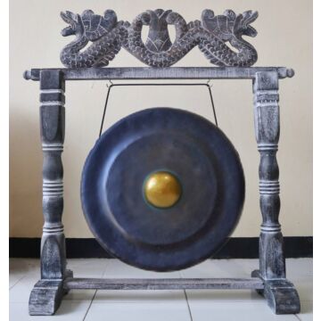 Large Gong In Brown Antique Stand - 80cm - Black