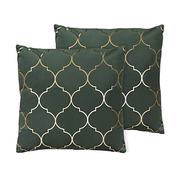 Set Of 2 Decorative Cushions Green Velvet 45 X 45 Cm Quatrefoil Pattern Foil Print Moroccan Clover Glamour Beliani