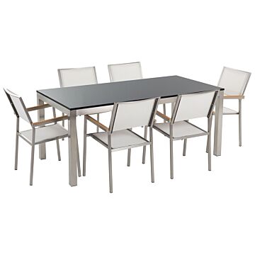 Garden Dining Set White With Flamed Granite Table Top 6 Seats 180 X 90 Cm Beliani
