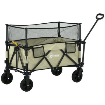 Outsunny Folding Garden Trolley, 180l Wagon Cart With Extendable Side Walls, For Beach, Camping, Festival, Khaki