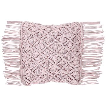 Decorative Cushion Pink Cotton Macramé 40 X 40 Cm With Tassels Rope Boho Retro Decor Accessories Beliani