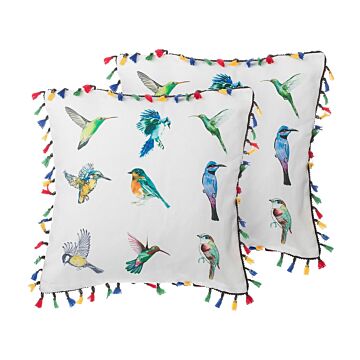 Set Of 2 Decorative Cushions White Bird Print 45 X 45 Cm With Multicolour Tassels Fringe Decor Accessories Beliani
