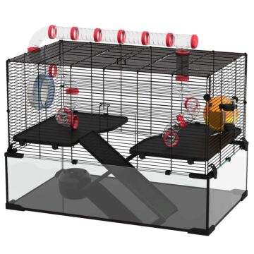 Pawhut Gerbil Cage Dwarf Hamster With Deep Glass Bottom, Tunnels Tubes, Ramps, Hut, Exercise Wheel, 78.5 X 48.5 X 57cm