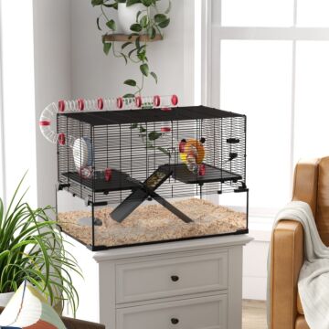 Pawhut Gerbil Cage Dwarf Hamster With Deep Glass Bottom, Tunnels Tubes, Ramps, Hut, Exercise Wheel, 78.5 X 48.5 X 57cm