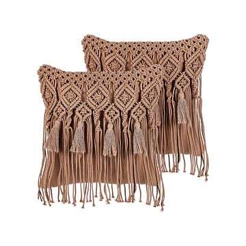 Decorative Cushion Set Of 2 Brown Cotton Macramé 45 X 45 Cm With Tassels Rope Boho Retro Decor Accessories Beliani