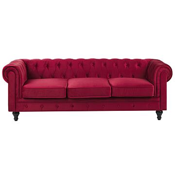 Chesterfield Sofa Dark Red Velvet Fabric Upholstery Black Legs 3 Seater Beliani