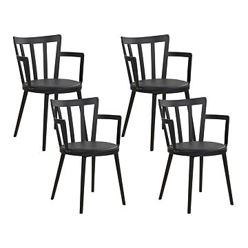 Set Of 4 Dining Chairs Black Synthetic Padded Seat Faux Leather Open Back With Armrests Modern Minimalist Living Room Beliani