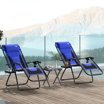 Outsunny Foldable Reclining Garden Chair Set Of 2, Zero Gravity Chairs With Padded Seat, Cup Holder, Adjustable Backrest, Pillow For Outdoor, Patio, Deck, Blue