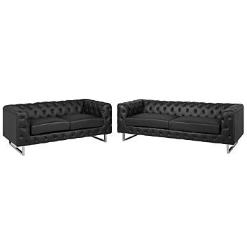 3 + 2 Seater Chesterfield Style Sofa Set Black Tuxedo Arms Buttoned Back Silver Legs Faux Leather Beliani