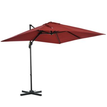 Outsunny 2.5x2.5m Patio Offset Parasol Umbrella Cantilever Hanging Aluminium Sun Shade Canopy Shelter 360°rotation W/crank Handle Cross Base Wine Red