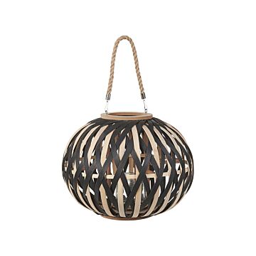 Lantern Natural Black Bamboo Wood 37 Cm With Glass Candle Holder Boho Style Indoor Beliani