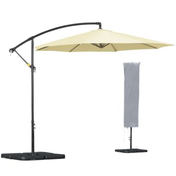 Outsunny 3(m) Garden Banana Parasol Cantilever Umbrella With Crank Handle, Cross Base, Weights And Cover For Outdoor, Hanging Sun Shade, Beige