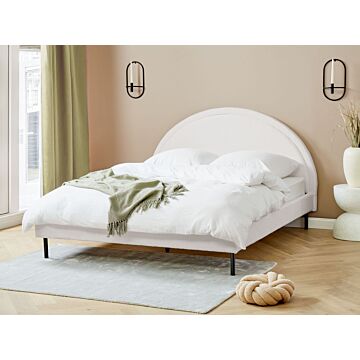 Bed White Boucle Polyester Fabric Eu King Size 5ft3 Slatted Base Half-round Headboard Minimalist Retro Design Bedroom Beliani