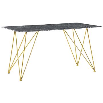 Dining Table Marble Effect Black With Gold Tempered Glass Top Metal Legs 140 X 80 Cm Glam Living Room Beliani