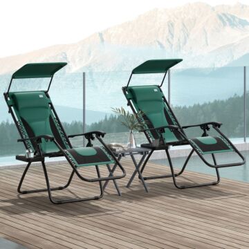 Outsunny Zero Gravity Lounger Chair Set Of 2, Folding Reclining Patio Chair With Shade Cover, Cup Holder, Soft Cushion And Headrest For Poolside, Camping, Green