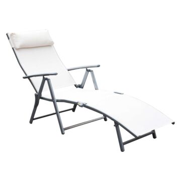 Outsunny Garden Lounger Steel Frame Outdoor Folding Chaise Recliner With Headrest & 7 Levels Adjustable Backrest, 81.5l X 20.5w X 64.5h, Cream White