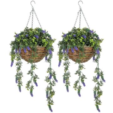 Homcom Set Of 2 Decorative Artificial Plants, Faux Silk Lavender Flowers In Hanging Baskets, Fake Plants For Home Indoor Outdoor Decor, Purple