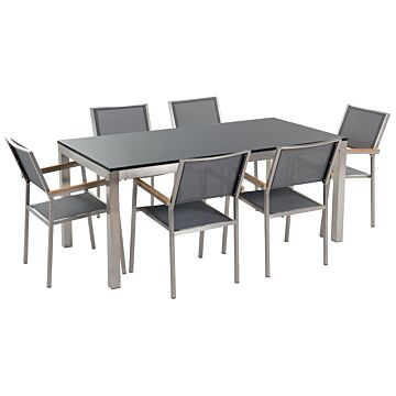 Garden Dining Set Grey With Black Granite Table Top 6 Seats 180 X 90 Cm Beliani