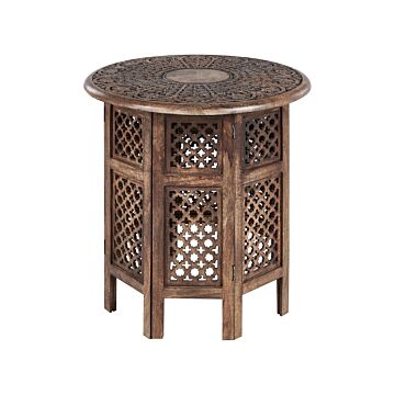 Side Table Dark Mango Wood Round Carved Top Round Base 53 X 53 Cm Traditional Design Beliani