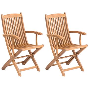 Set Of 2 Garden Dining Chairs Light Wood Acacia Wood Frame Folding Rustic Design Beliani