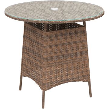 Outsunny Wicker Garden Rattan Table, Patio Furniture Outdoor Coffee Table With Umbrella Hole And Tempered Glass Top, Brown
