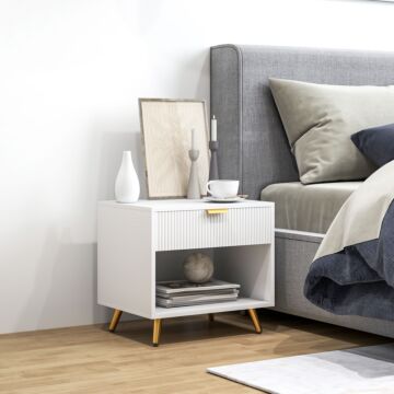 Homcom Elegant Bedside Table, With Drawer And Shelf - White/gold Tone
