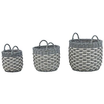 Set Of 3 Plant Baskets Grey And White Pe Rattan Planter Pots With Lining Indoor Outdoor Use Beliani