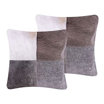 Decorative Cushions Grey Cowhide Leather Patchwork Two Pieces 45 X 45 Cm Country Modern Decor Accessories Beliani