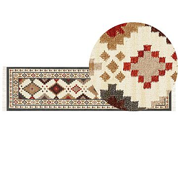 Wool Area Rug Multicolour 80 X 300 Cm Hand Woven Kilim Rug Rustic Oriental Design Beliani