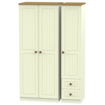 Warwick Triple Plain + Drawer Wardrobe In Cream Ash & Modern Oak