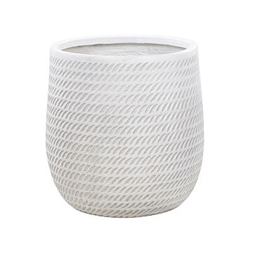 Plant Pot Off-white Fibre Clay ⌀ 39 Cm Round Outdoor Flower Pot Embossed Pattern Beliani