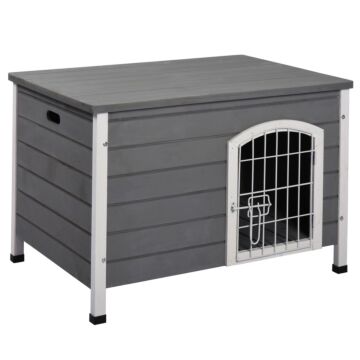 Pawhut Wooden Dog House With Removable Bottom, Wire Door, Openable Top, Pet Shelter For Small Dog, 80 X 55 X 53.5cm, Dark Grey