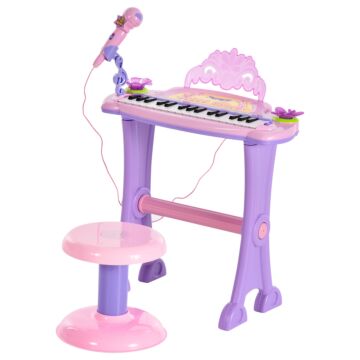 Homcom Mini Electronic Organ Piano W/microphone And Stool-purple/pink