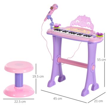 Homcom Mini Electronic Organ Piano W/microphone And Stool-purple/pink