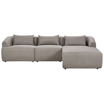 Left Hand 3 Seater Corner Sofa Taupe Fabric Upholstered Track Armrests Additional Cushions Minimalistic Modern Style Beliani