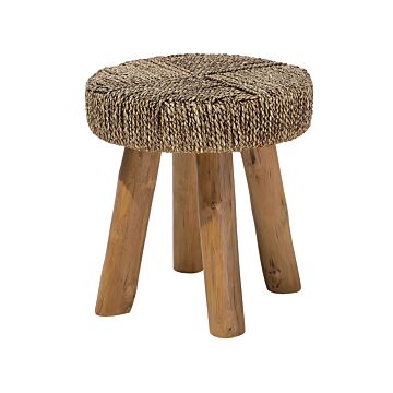 Side Table Light Wood Teak With Seagrass Footstool Rustic Raw Style Beliani