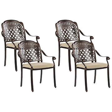 Set Of 4 Garden Dining Chairs Brown Aluminium Beige Polyester Seat Pads Vintage Beliani