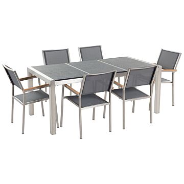 Garden Dining Set Grey With Flamed Basalt Table Top 6 Seats 180 X 90 Cm Triple Plate Beliani