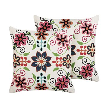 Set Of 2 Scatter Cushions Multicolour Cotton Wool 50 X 50 Cm Flower Pattern Handmade Embroidered Removable Cover With Filling Boho Style Beliani