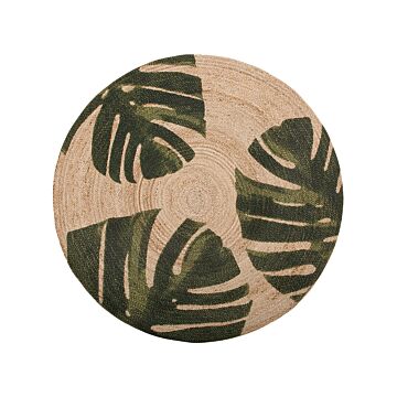 Area Rug Jute With Green 140 Cm Boho Rustic Braided Monstera Leaf Pattern Print Motif Incik Beliani