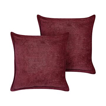 Set Of 2 Burgundy Decorative Pillows Corduroy 43 X 43 Cm Modern Traditional Living Room Bedroom Cushions Beliani