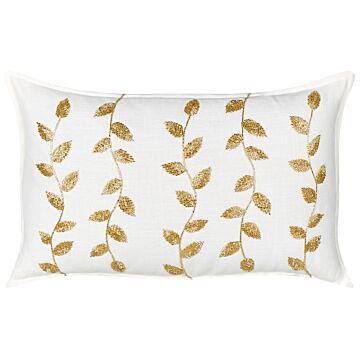 Scatter Cushion White And Gold Cotton 30 X 50 Cm Rectangular Handmade Throw Pillow Embroidered Leaves Pattern Flower Motif Removable Cover Beliani
