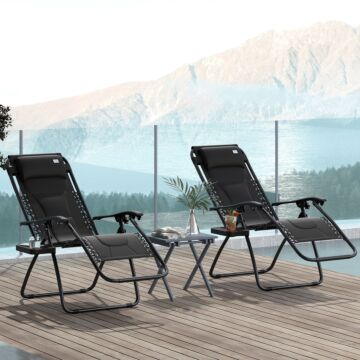 Outsunny Foldable Reclining Garden Chair Set Of 2, Zero Gravity Chairs With Padded Seat, Cup Holder, Adjustable Backrest, Pillow For Outdoor, Patio, Deck, Black