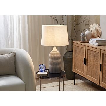 Table Lamp Grey Ceramic Base 66 Cm White Fabric Shade Classic Bedside Table Light Beliani