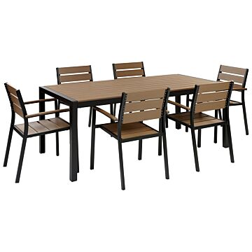 Garden Dining Set Light Wood And Black Rectangular Table Chairs Outdoor 6 Seater Plastic Wood Top Aluminium Frame Beliani