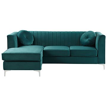 Corner Sofa Green Velvet Upholstered 3 Seater Right Hand L-shaped Glamour Additional Pillows Beliani