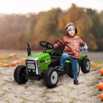 Homcom Electric Ride On Tractor W/ Detachable Trailer, 12v Kids Battery Powered Electric Car W/ Remote Control, Music For Kids Aged 3-6, Green