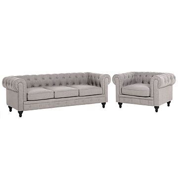 Chesterfield Living Room Set Light Grey Fabric Upholstery Dark Wood Legs 3 Seater Sofa + Armchair Beliani