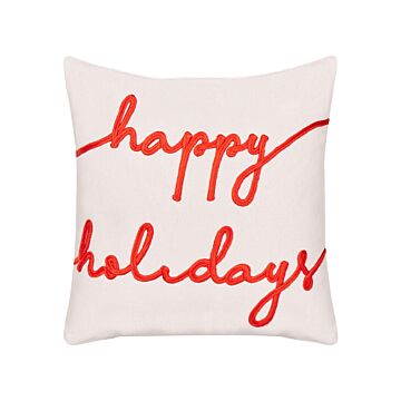 Scatter Cushion White Red Cotton Velvet 45 X 45 Cm Christmas Motif Caption Accessories Festive Decor Beliani